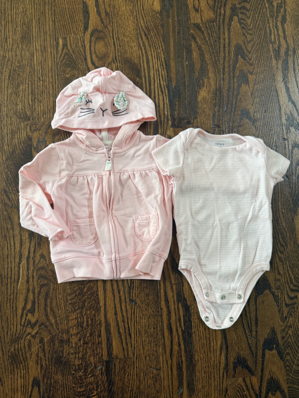 Carter's Light Pink Hooded Zip Jacket with Matching Pink Striped Bodysuit